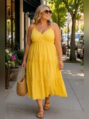Simply Vera By Vera Wang Size XXL: V-Neck Tiered Dress in Sunny Yellow